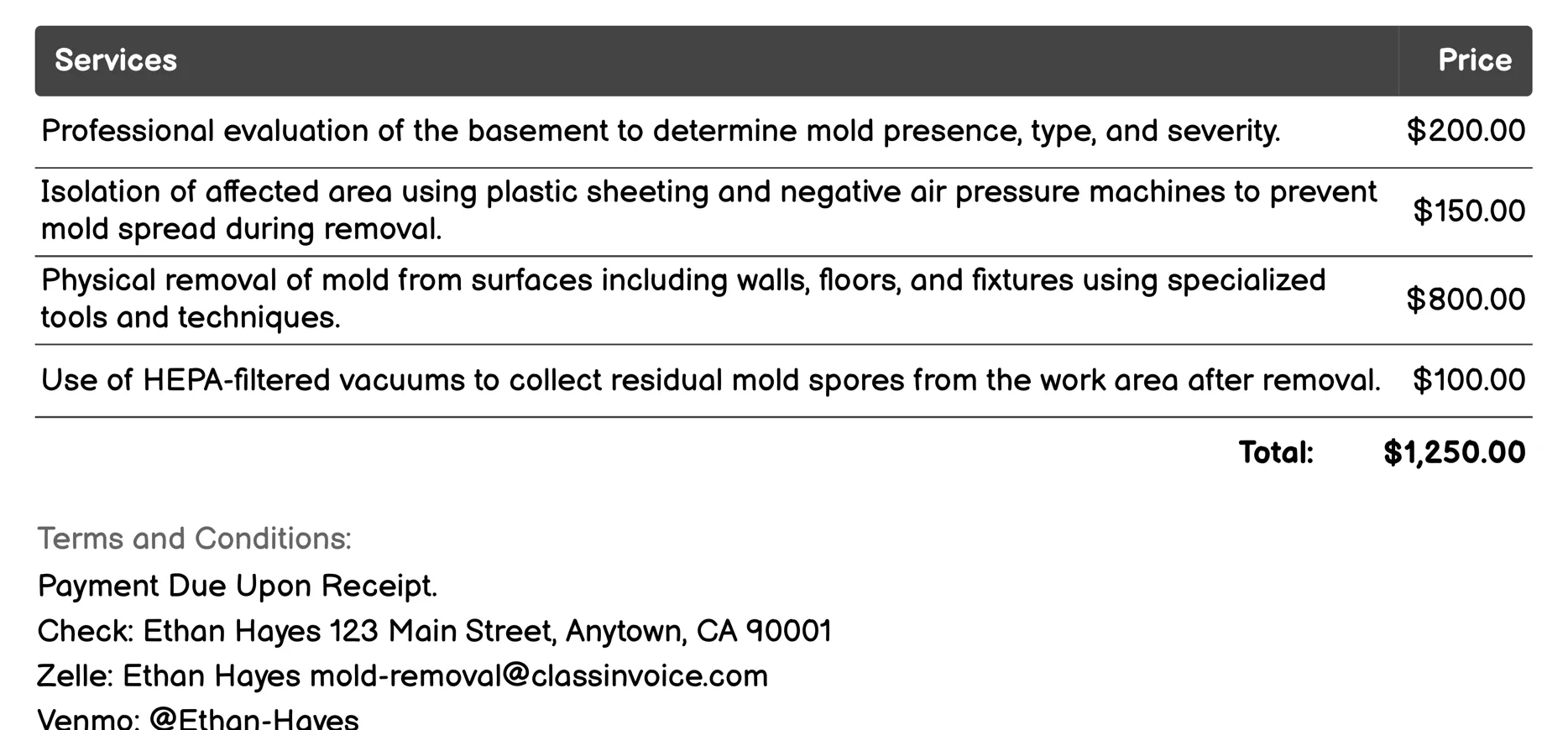 Basement Mold Remediation Invoice Example