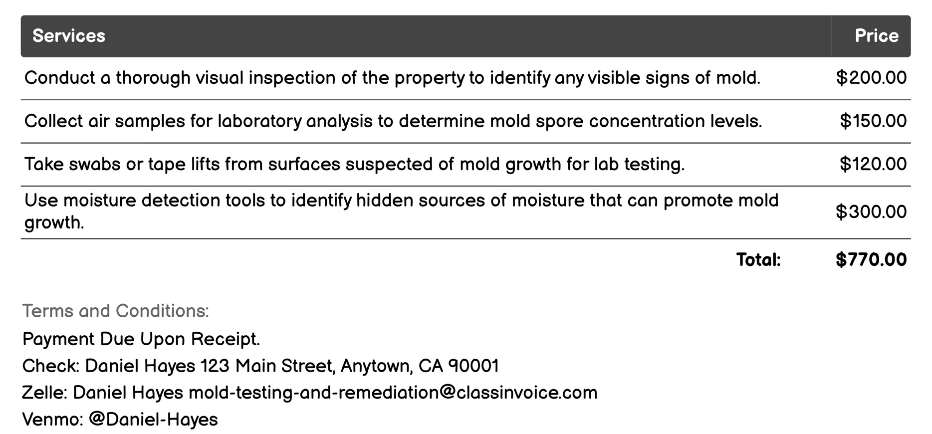 Air Quality Assessment Invoice Example