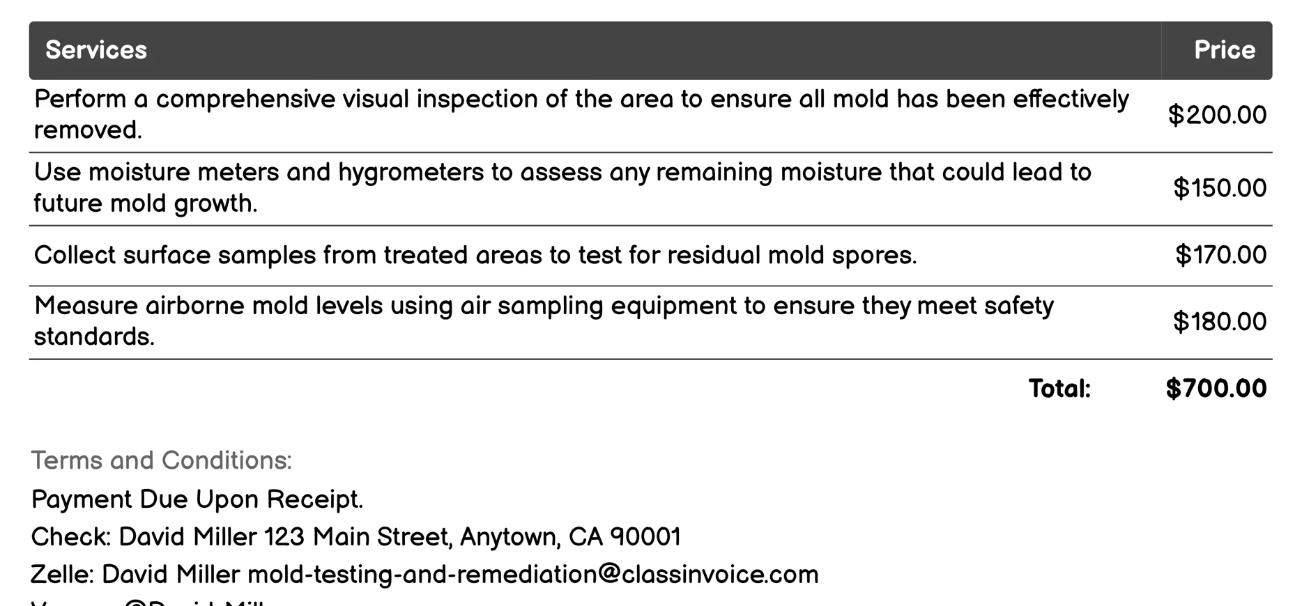 Post-Remediation Verification Invoice Example