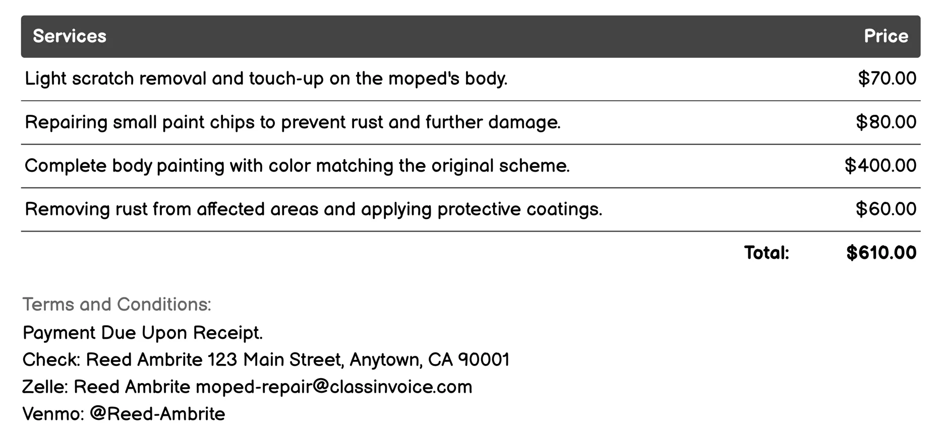 Bodywork and Paint Invoice Example