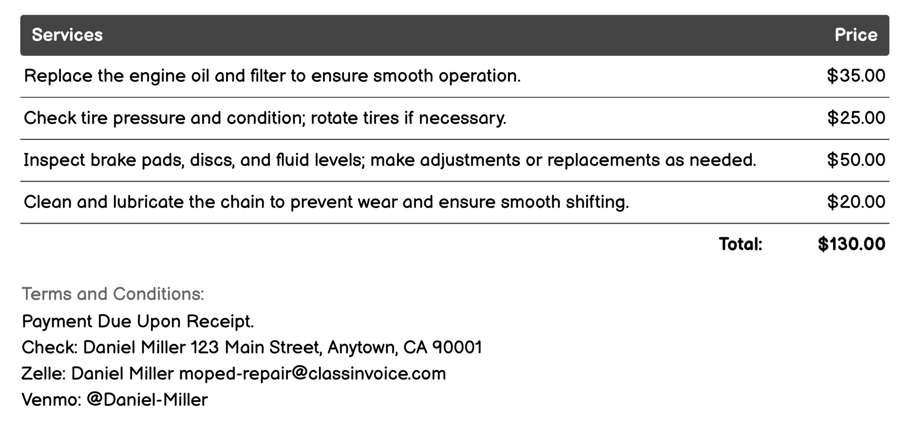 General Maintenance Invoice Example