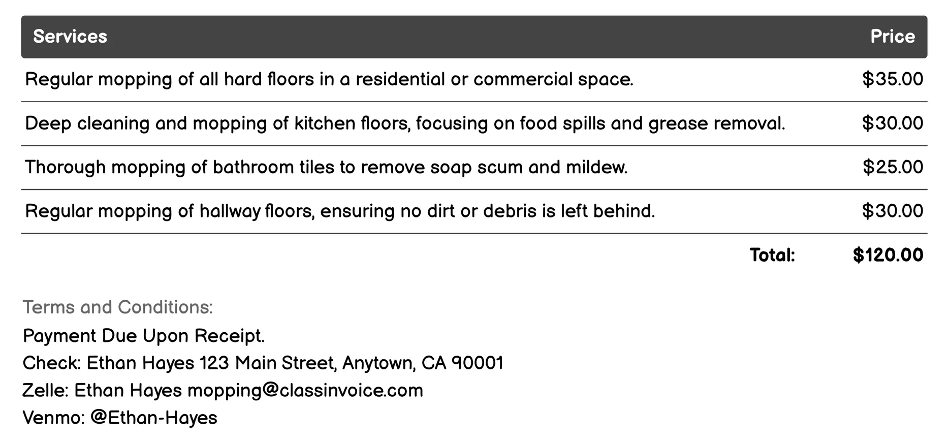 Regular Mopping Invoice Example