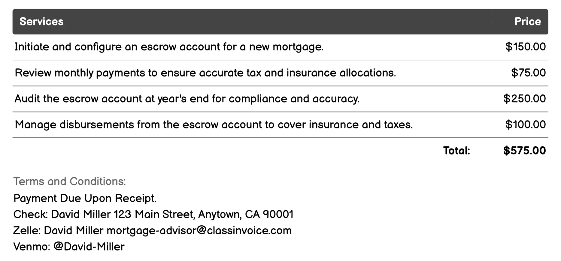 Escrow Management Invoice Example