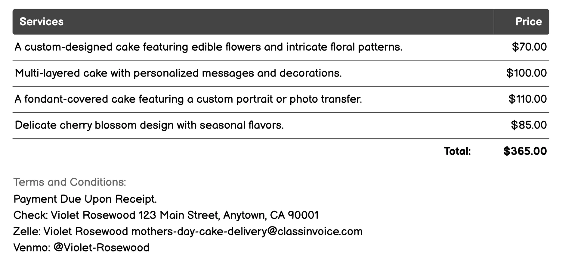 Custom Design Cakes Invoice Example