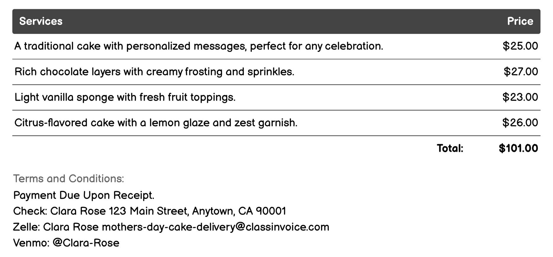 Mini Cake Collections Invoice Example
