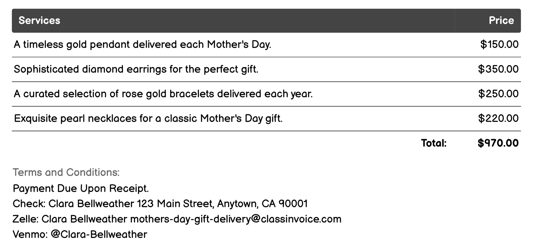 Jewelry Subscriptions Invoice Example