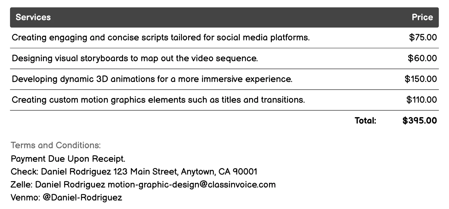 Social Media Videos Invoice Example