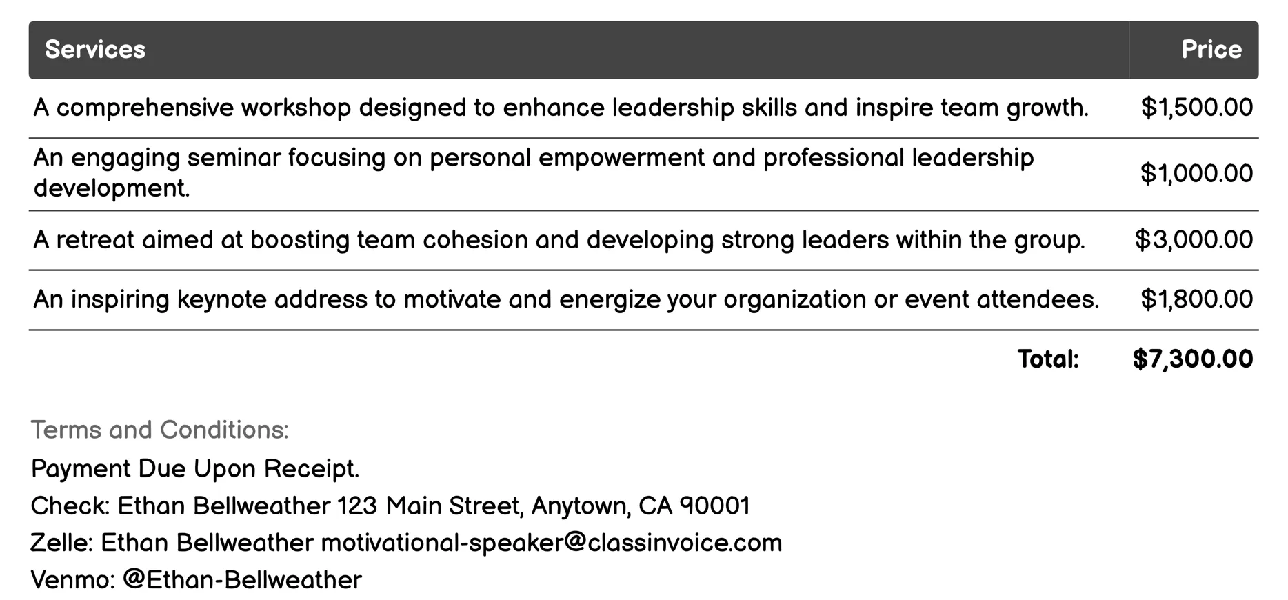 Leadership Development Invoice Example