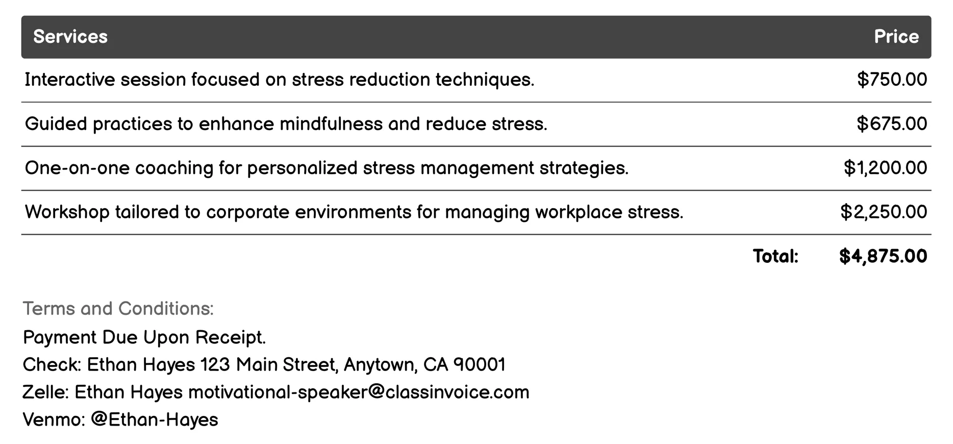 Stress Management Invoice Example