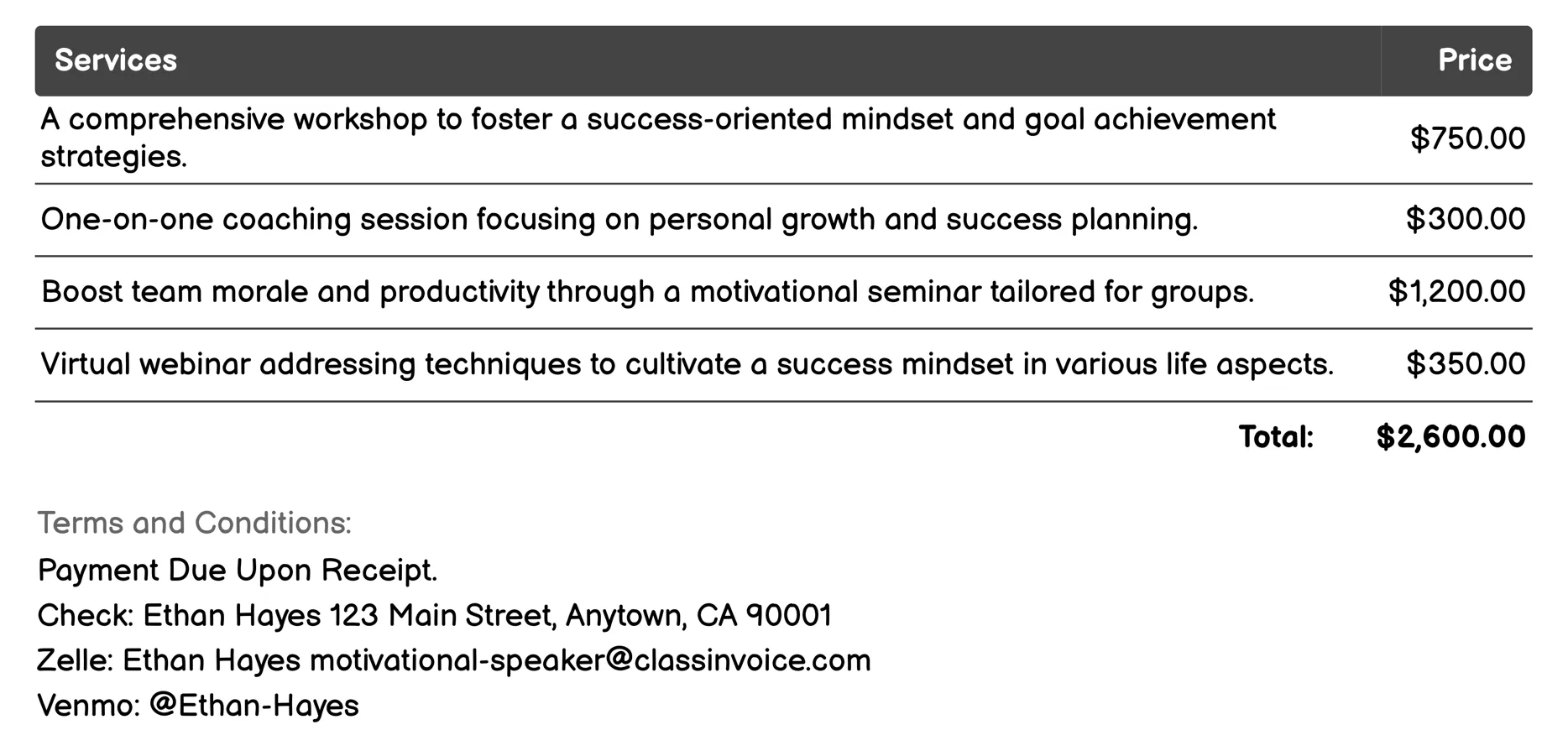 Success Mindset Invoice Example