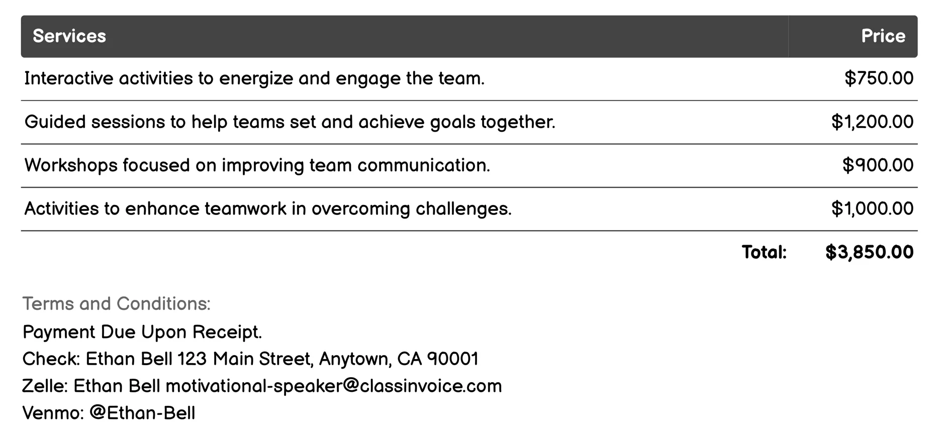 Team Building Invoice Example