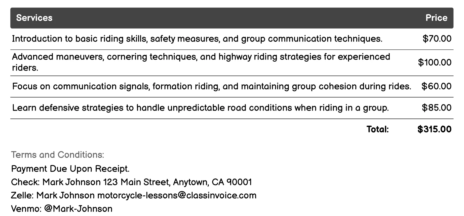 Group Riding Classes Invoice Example