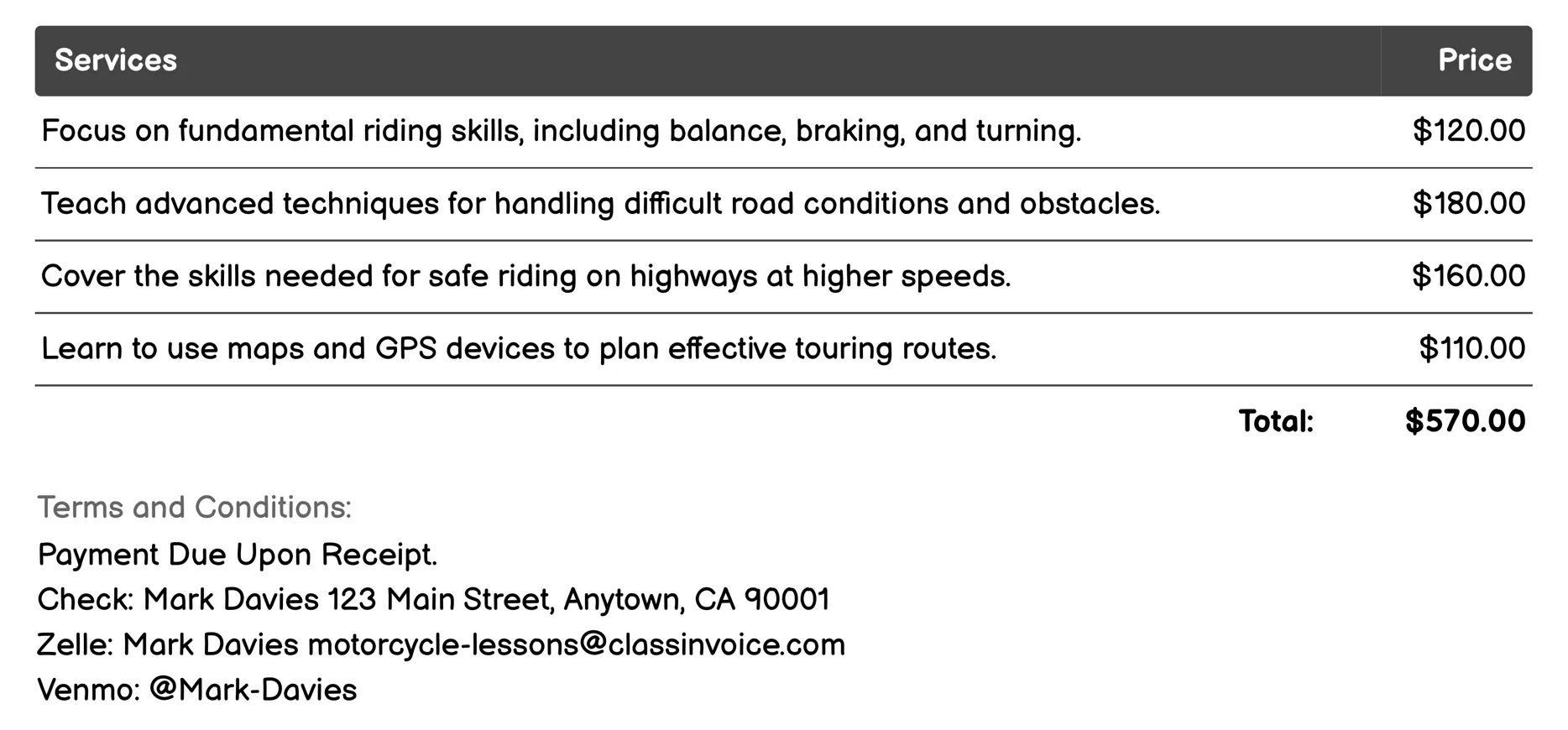 Long Distance Touring Courses Invoice Example