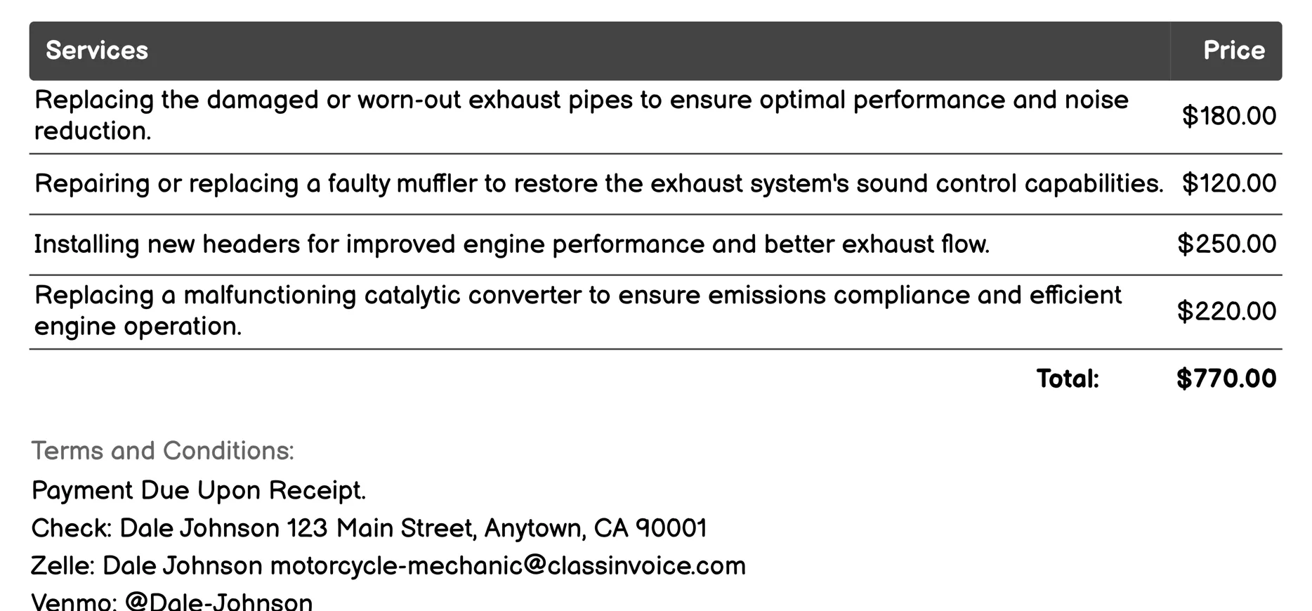 Exhaust System Service Invoice Example