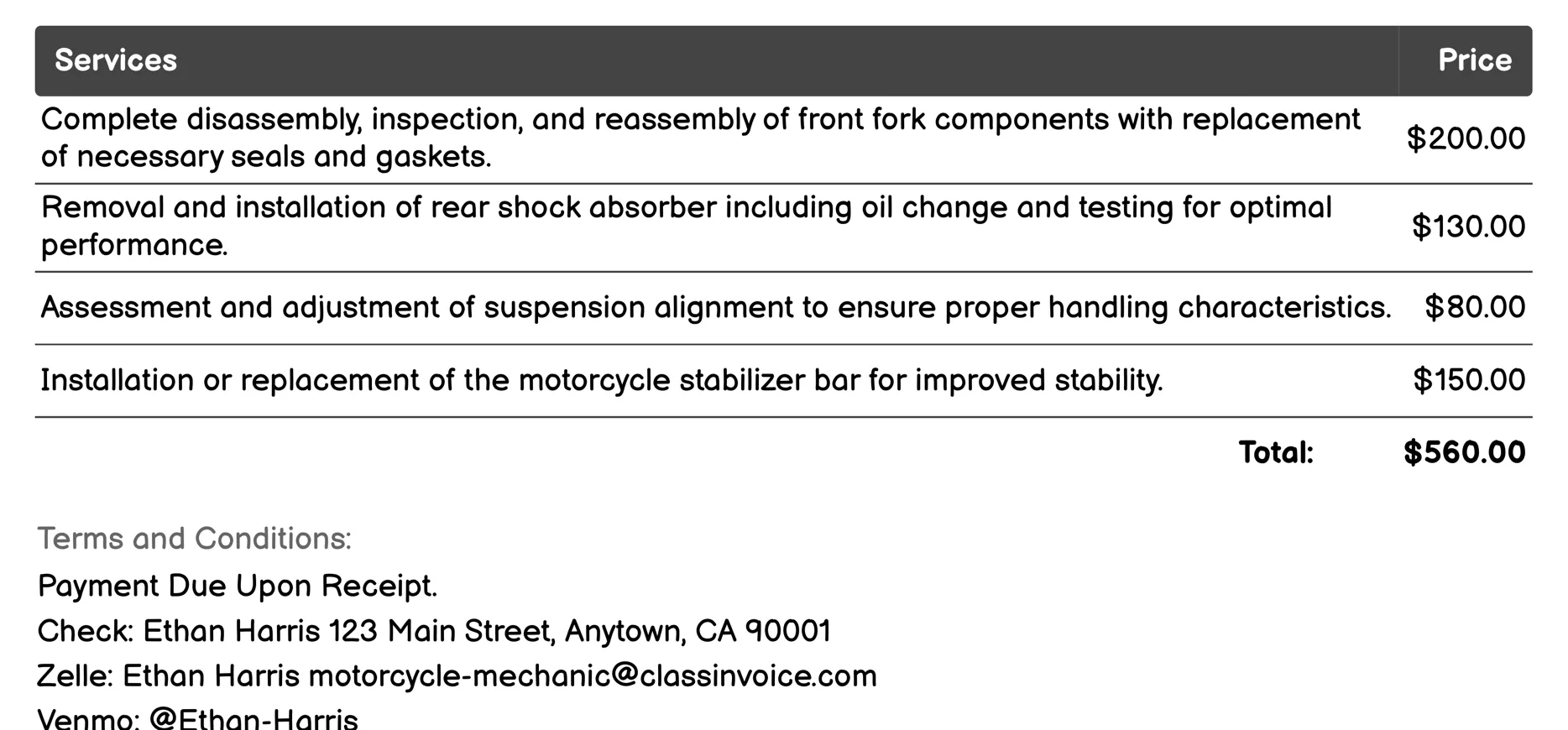 Suspension Tuning Invoice Example