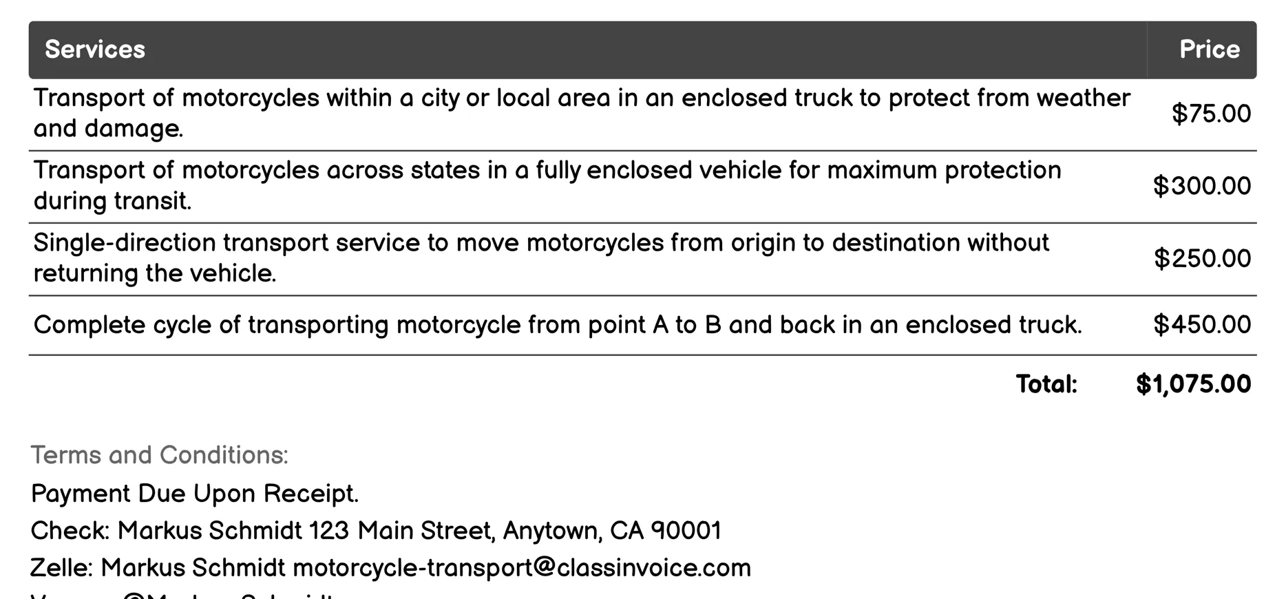 Enclosed Transport Invoice Example