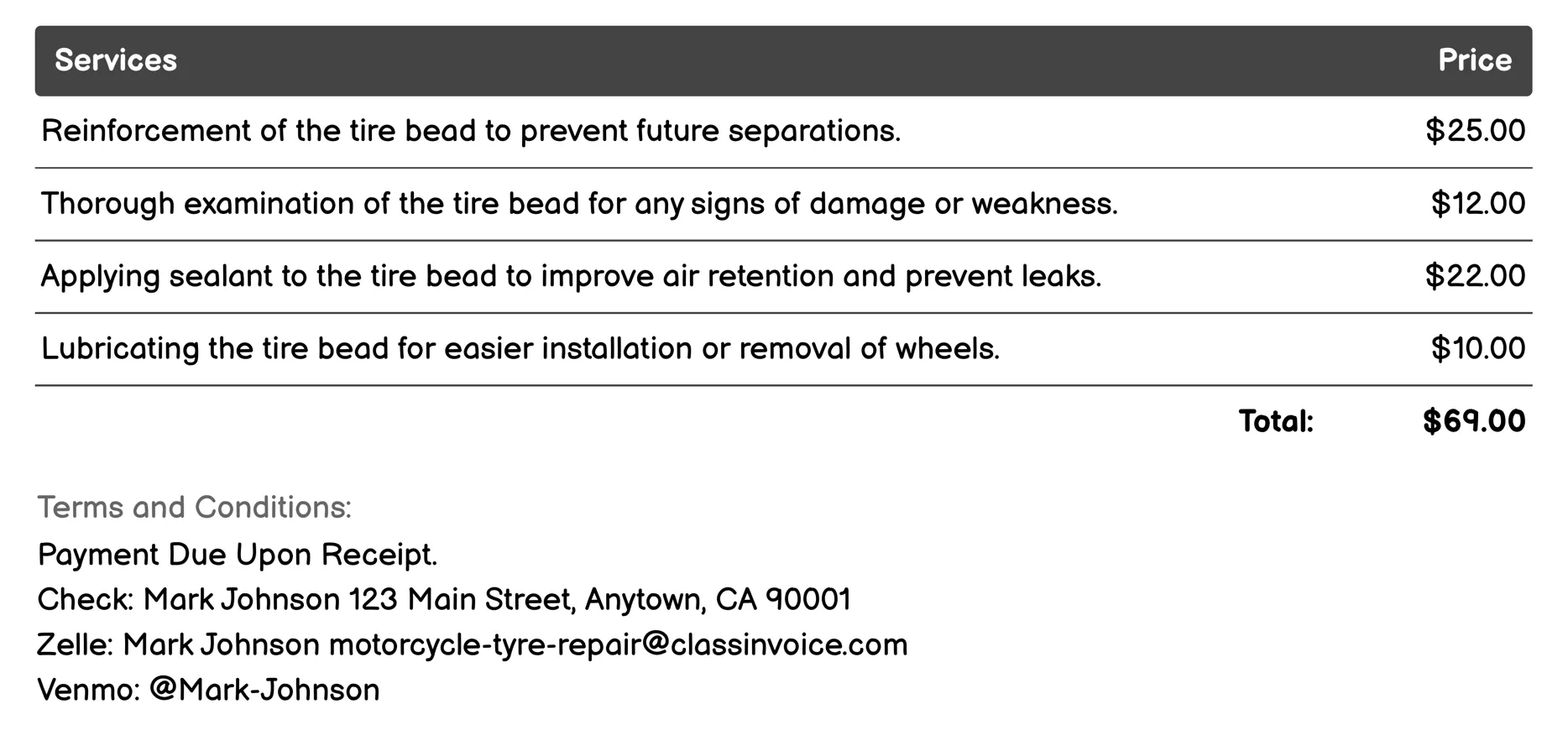 Tire Bead Repair Invoice Example