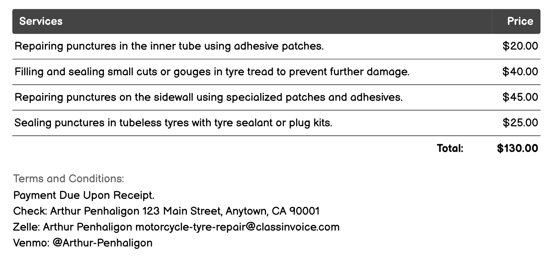 Tire Patching Invoice Example