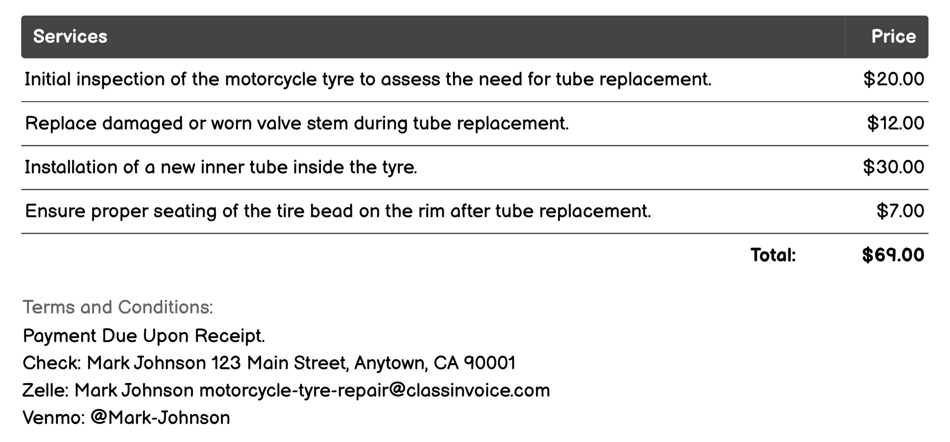 Tube Replacement Invoice Example