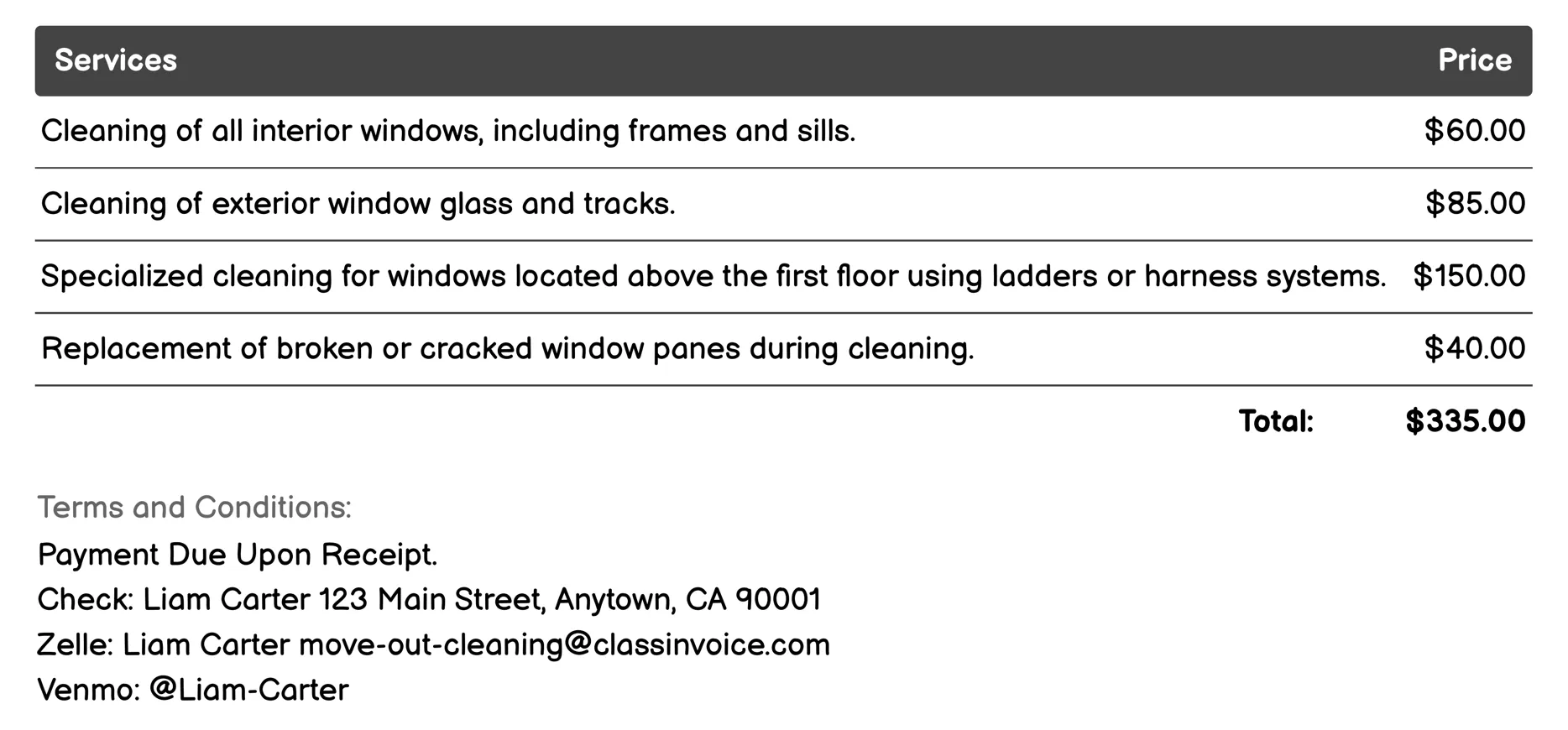 Window Washing Invoice Example