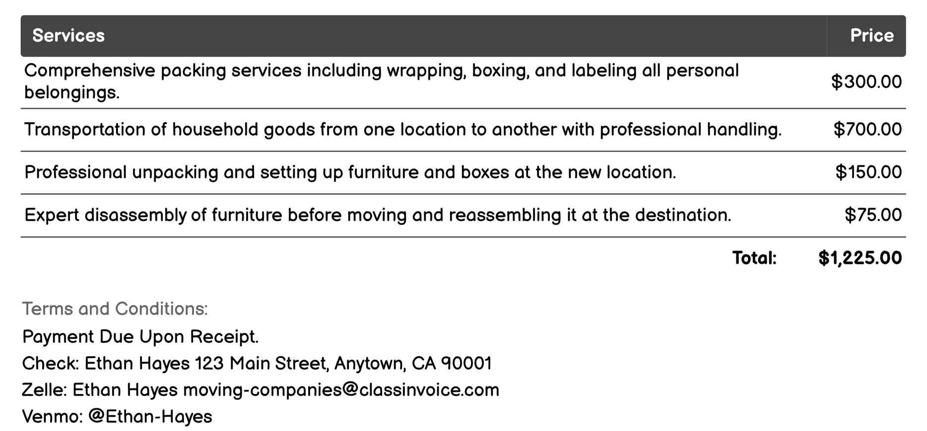 Full-Service Packing and Moving Invoice Example