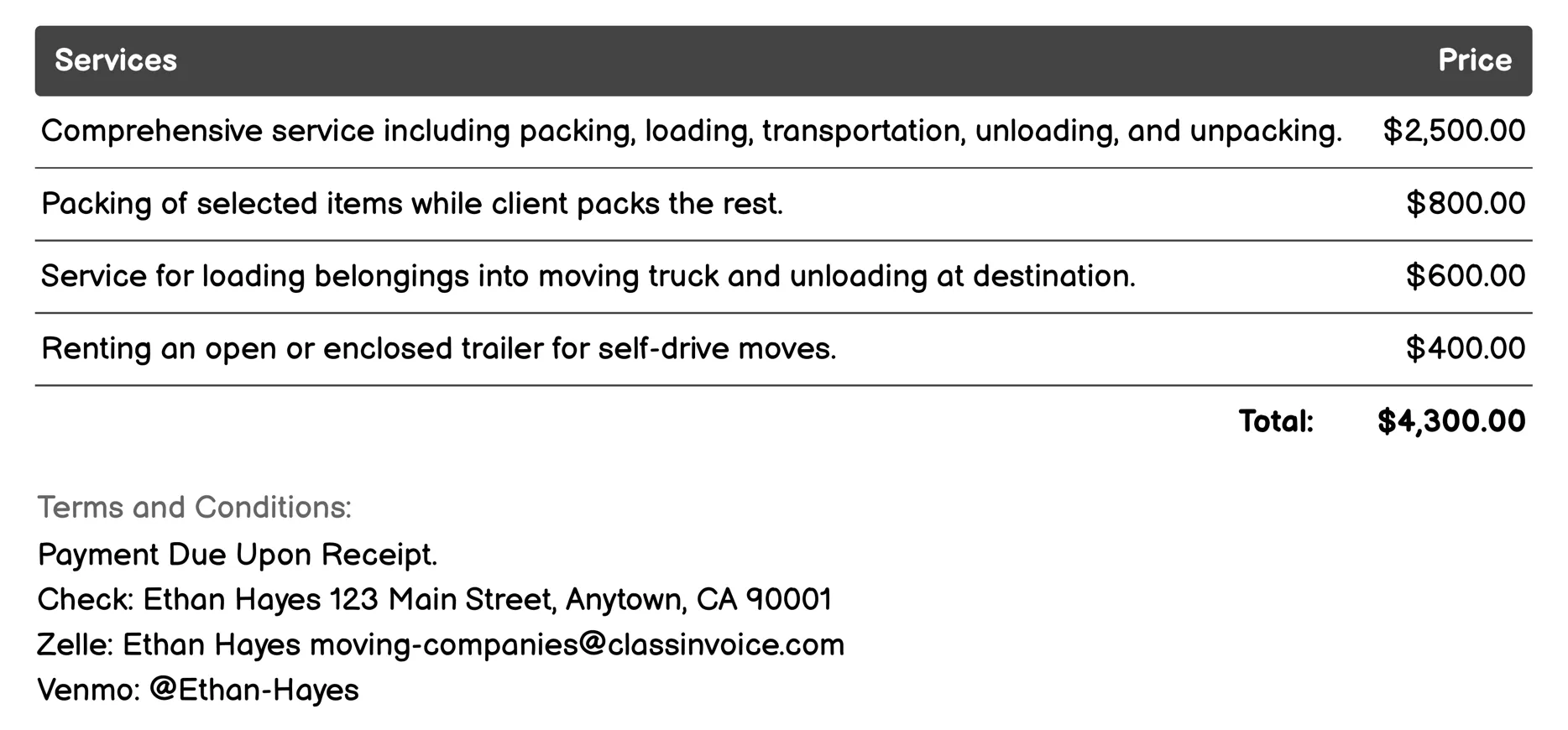 Long-Distance Moves Invoice Example