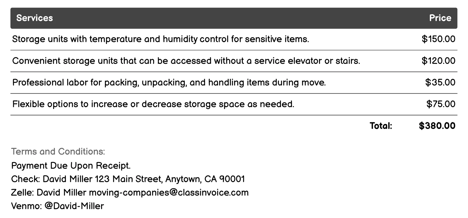Storage Solutions Invoice Example