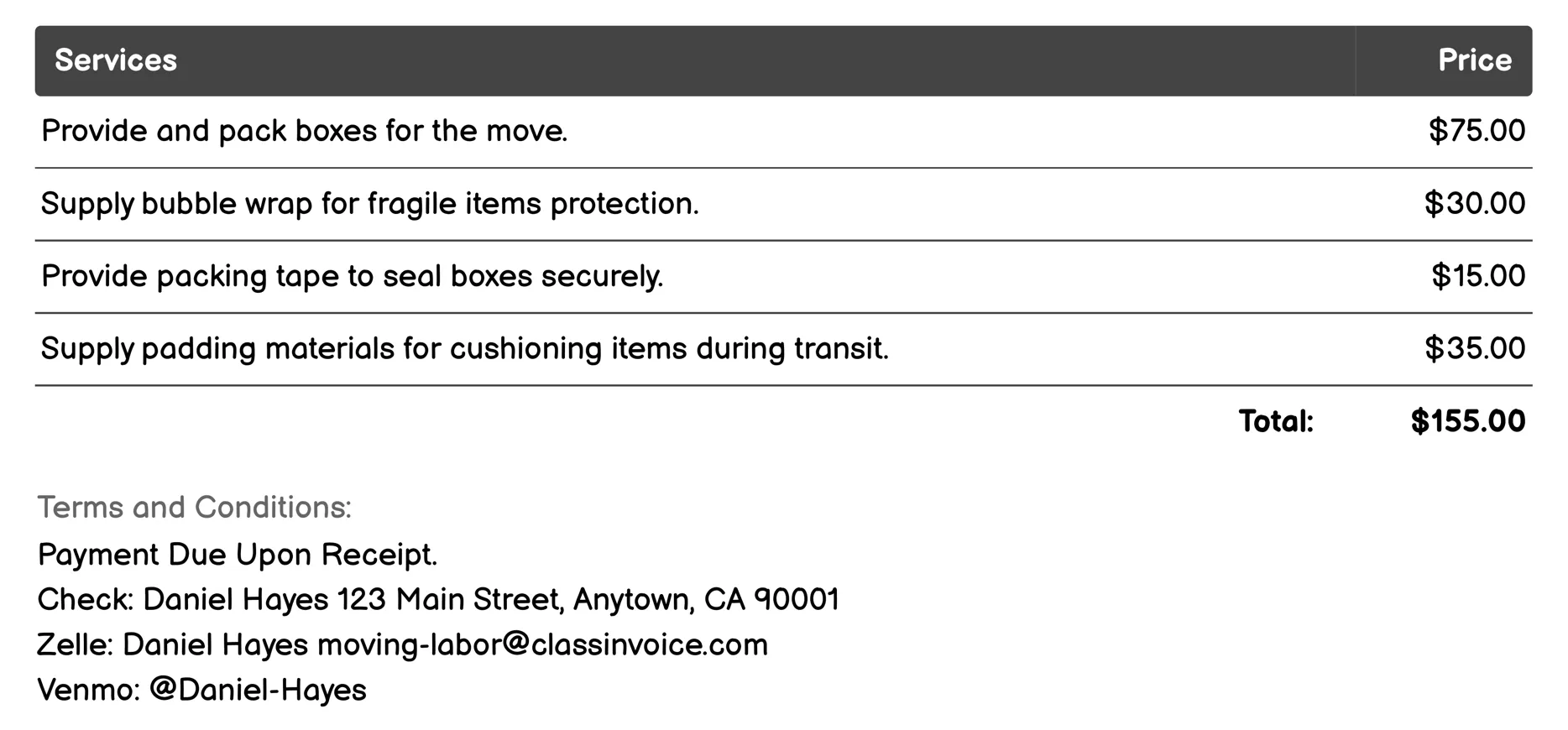 Moving Supplies Invoice Example