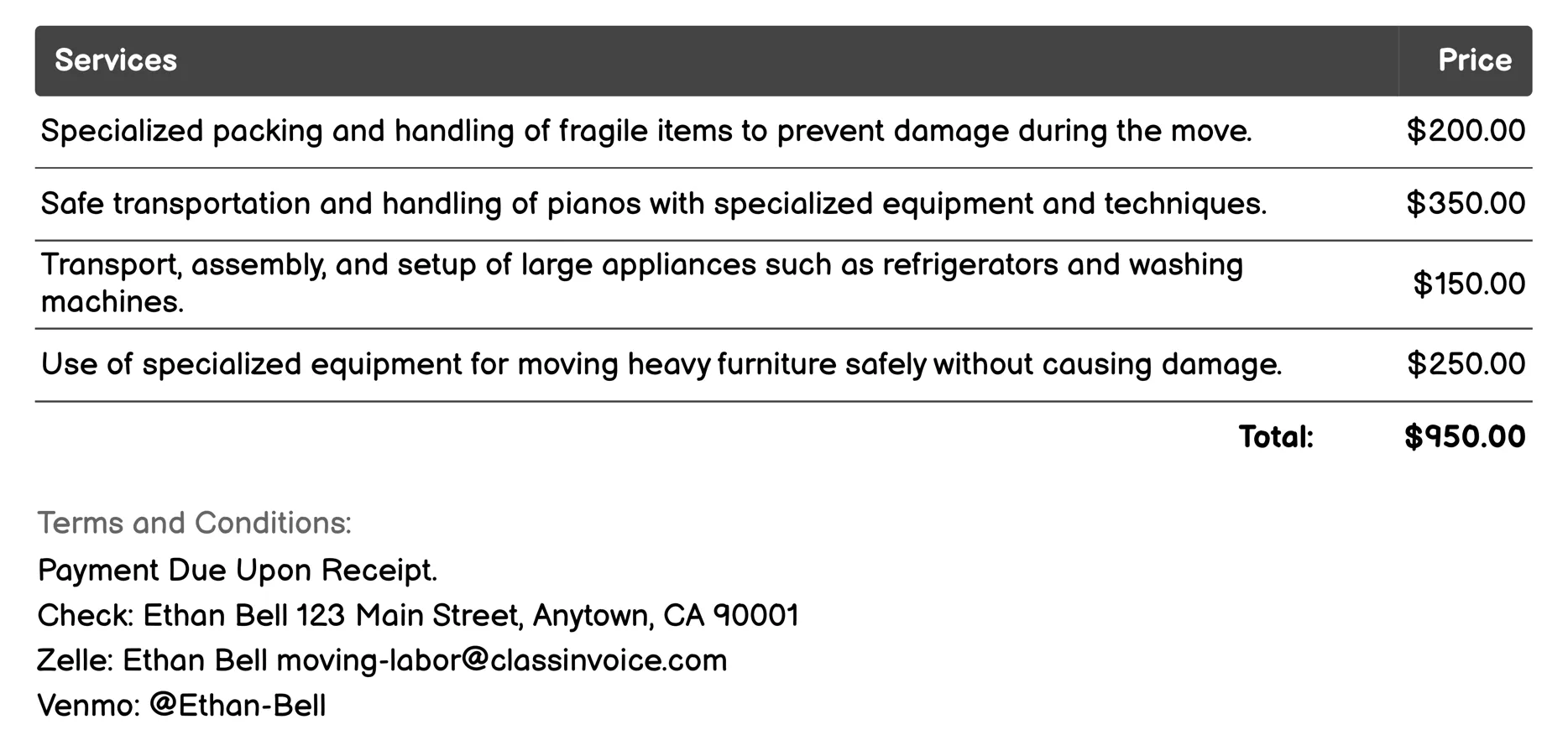 Special Handling Services Invoice Example