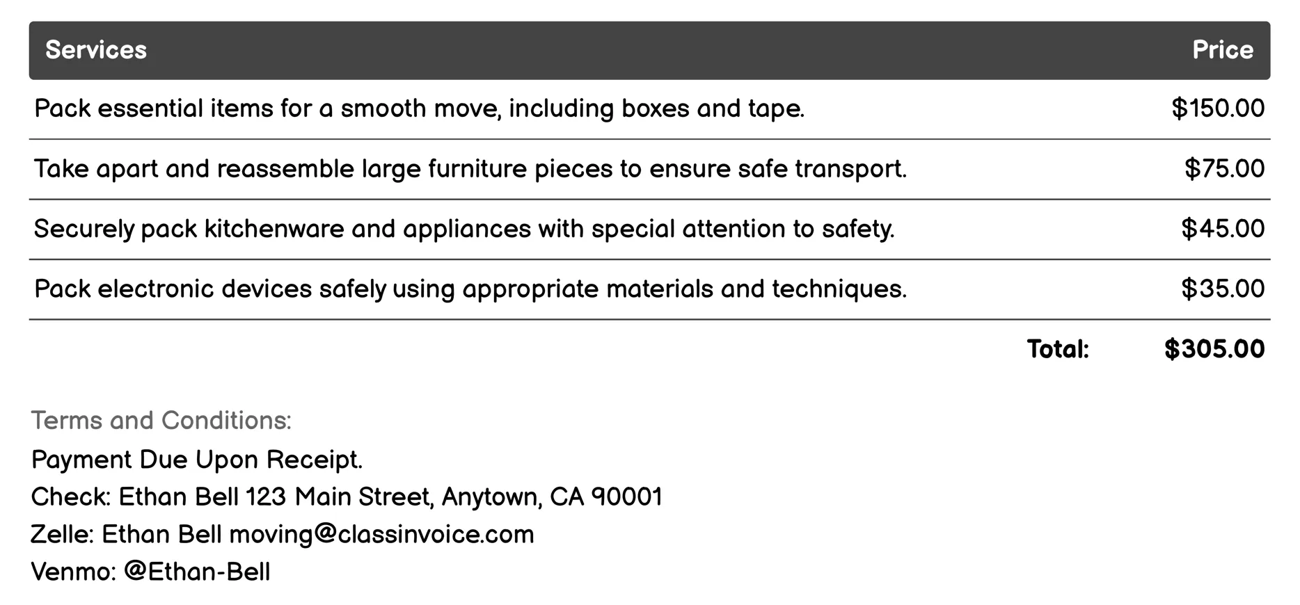 Packing Services Invoice Example