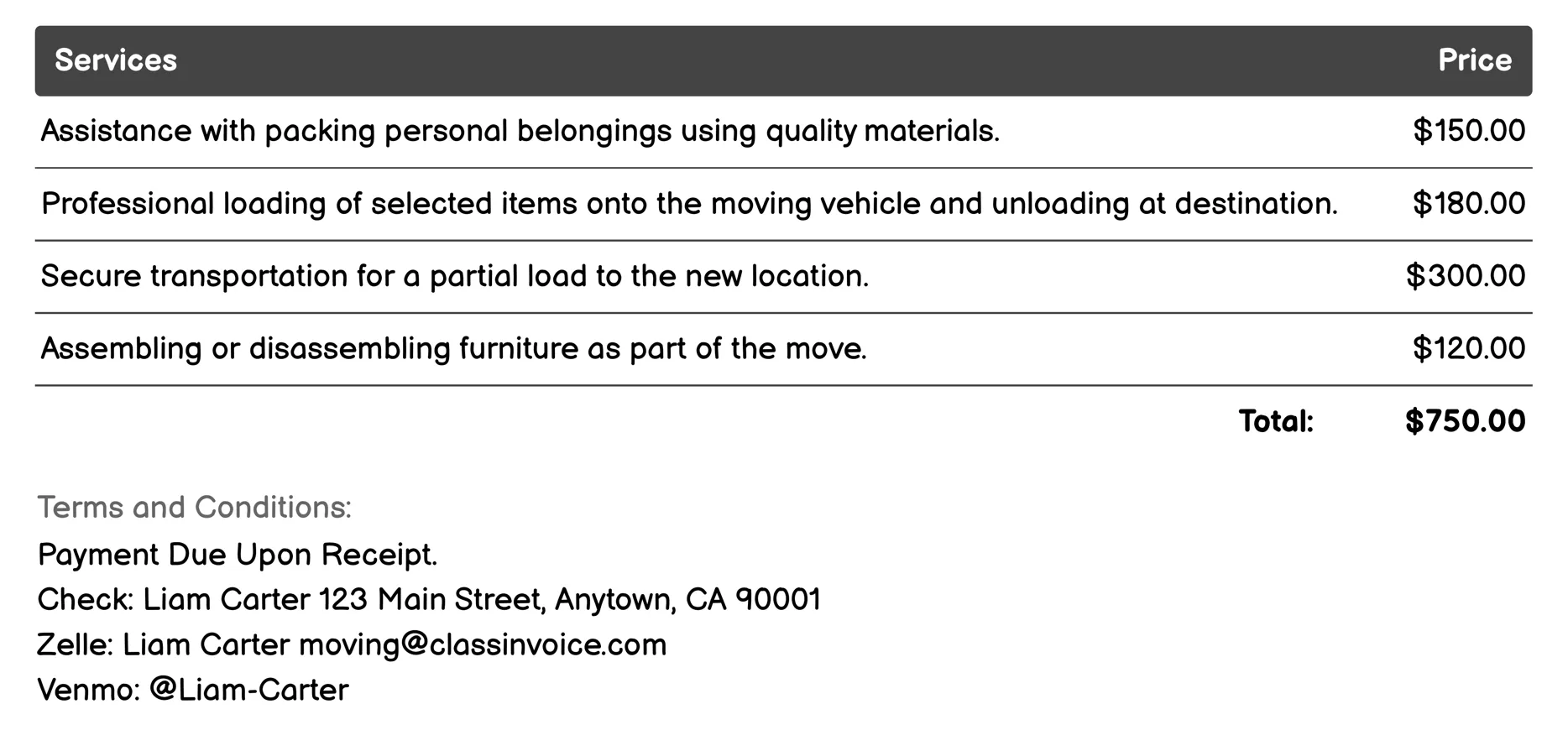 Partial-Load Moving Invoice Example
