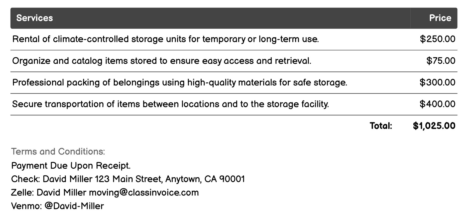 Storage Solutions Invoice Example