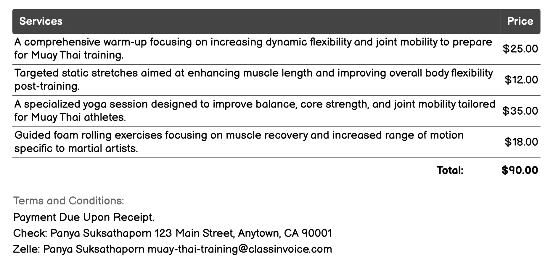 Flexibility and Mobility Training Invoice Example