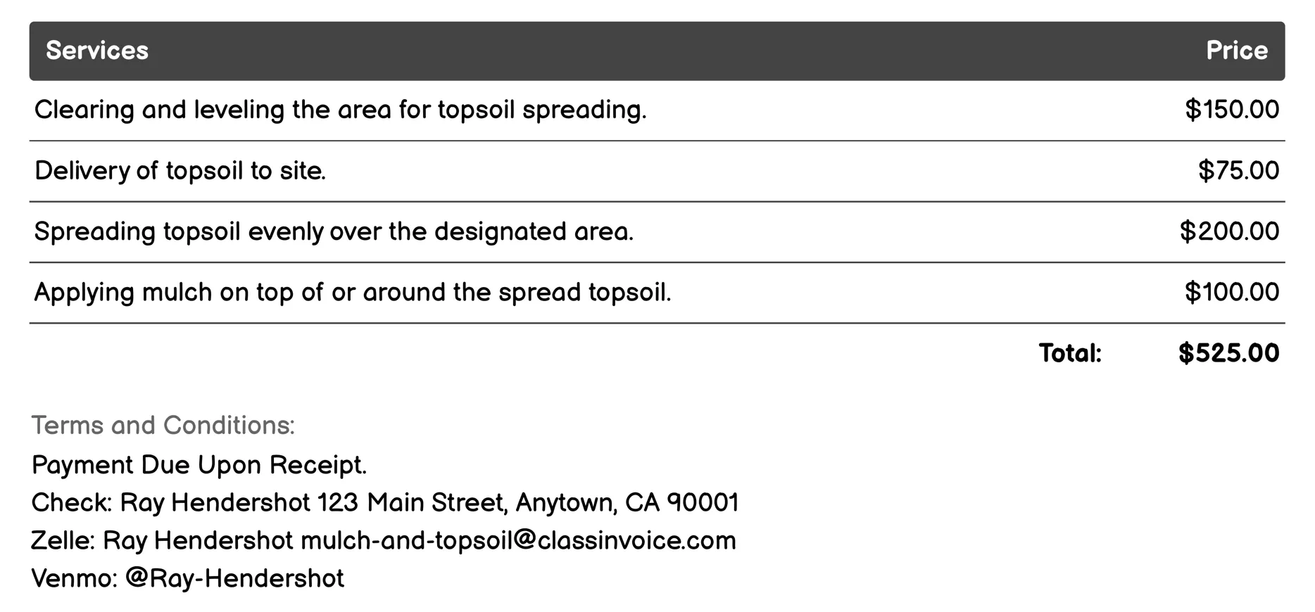 Topsoil Spreading Invoice Example