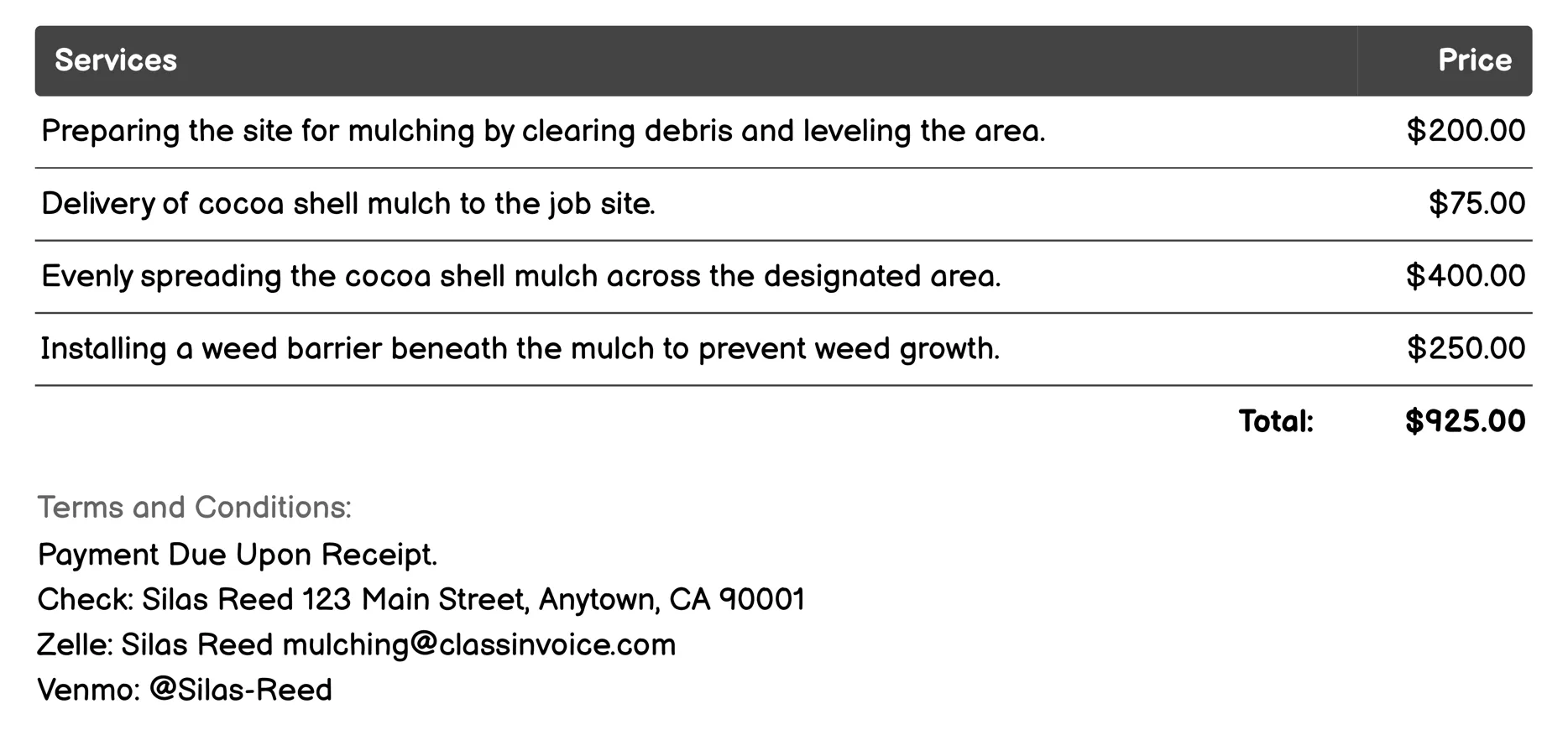 Cocoa Shell Mulching Invoice Example