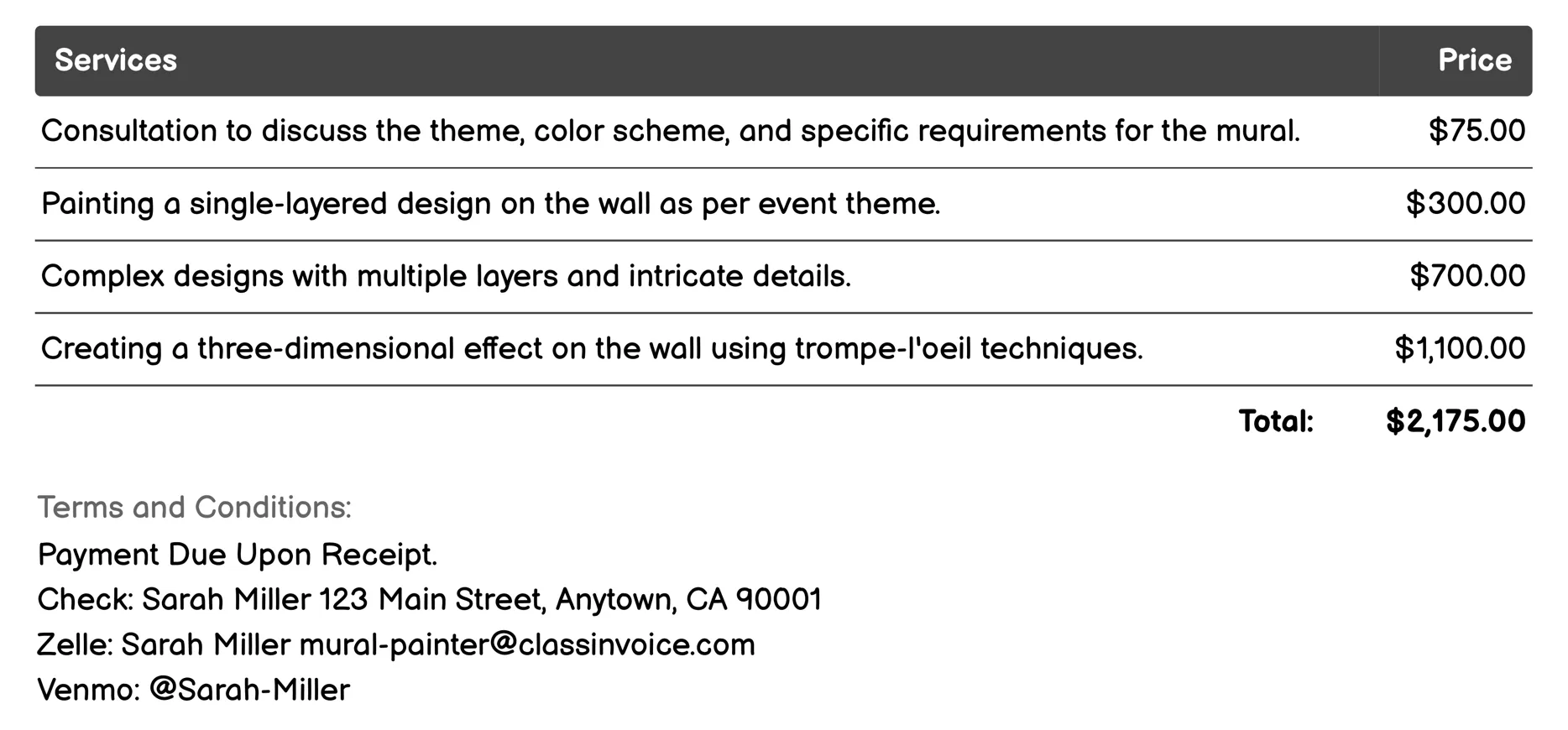 Event-Specific Murals Invoice Example