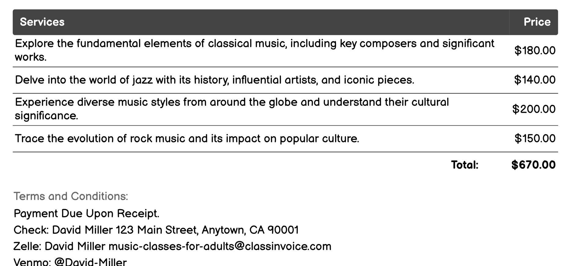 Music Appreciation Classes Invoice Example