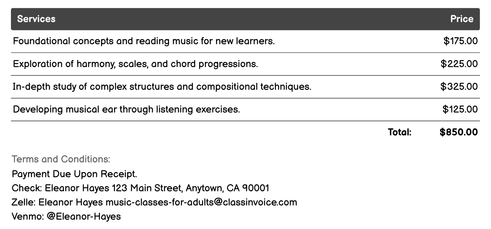 Music Theory Classes Invoice Example