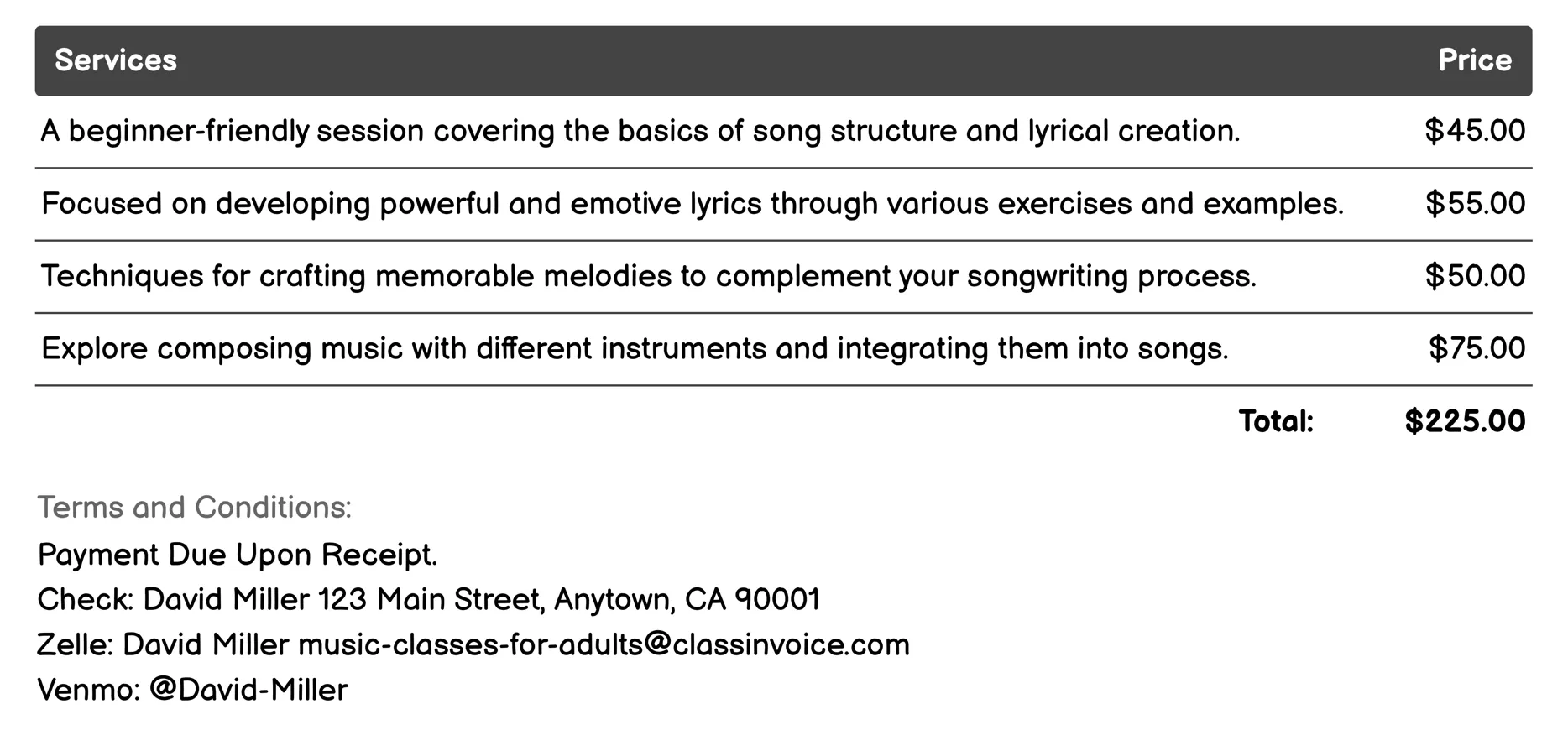 Songwriting Seminars Invoice Example