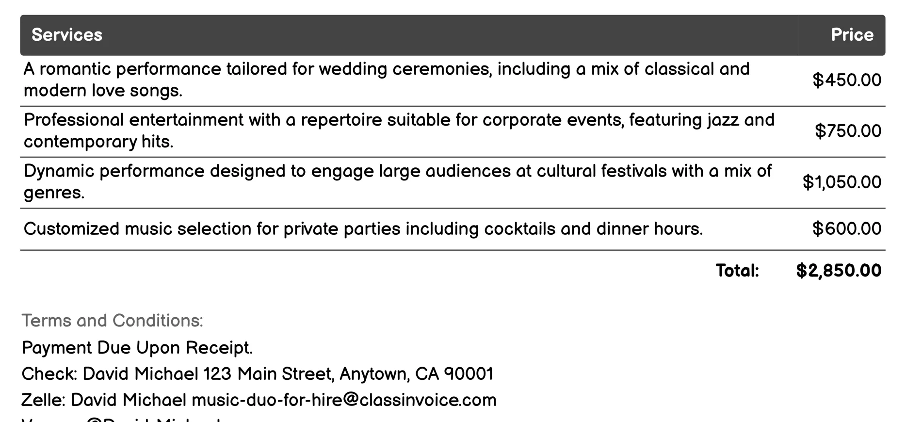 Cultural Events Invoice Example
