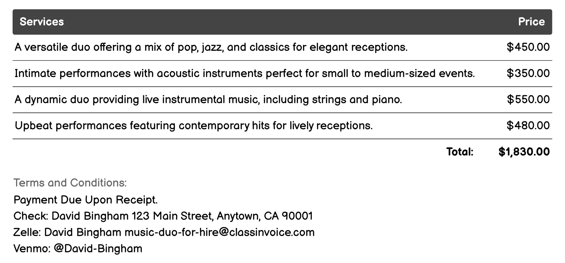 Receptions Invoice Example