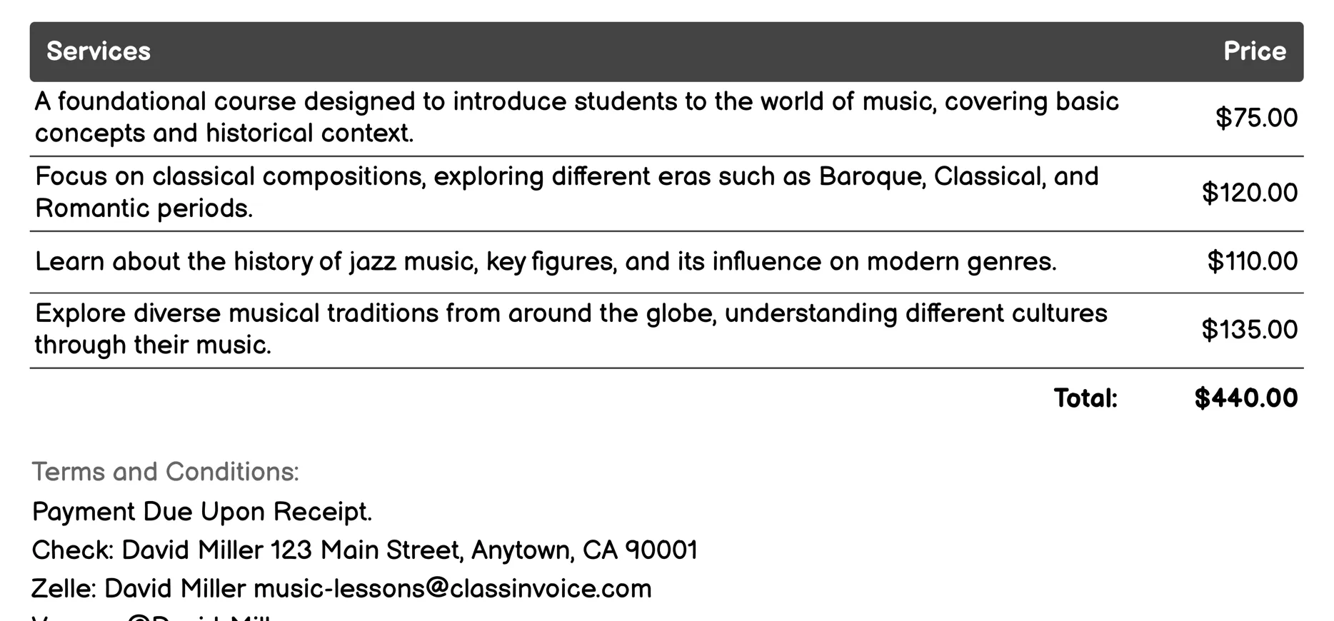 Music Appreciation Classes Invoice Example
