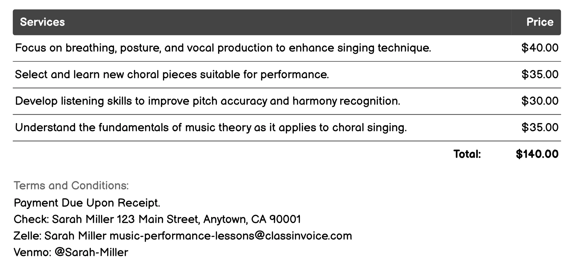 Choir Lessons Invoice Example