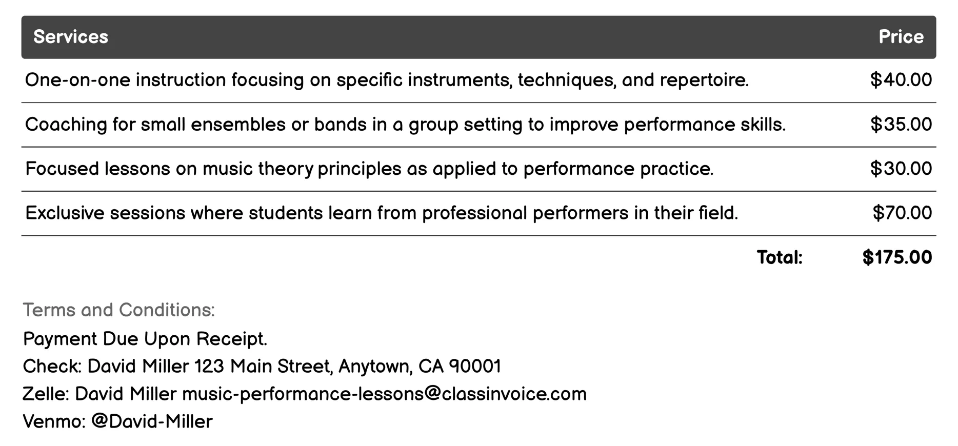 Music History and Appreciation Lessons Invoice Example