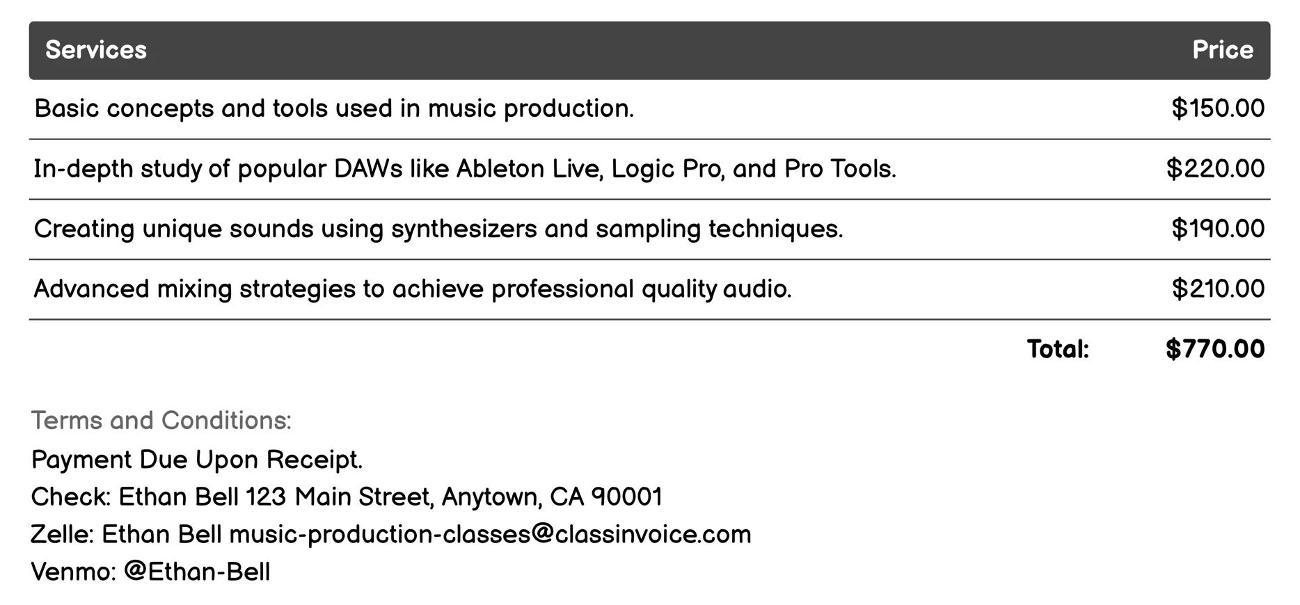 Sound Engineering Courses Invoice Example