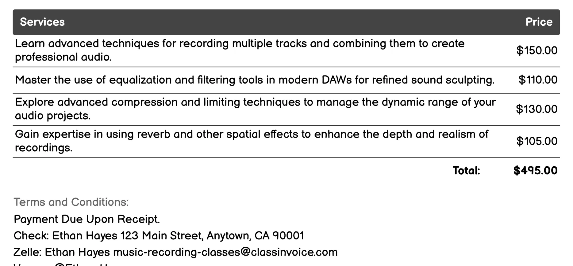 Advanced Audio Editing Invoice Example