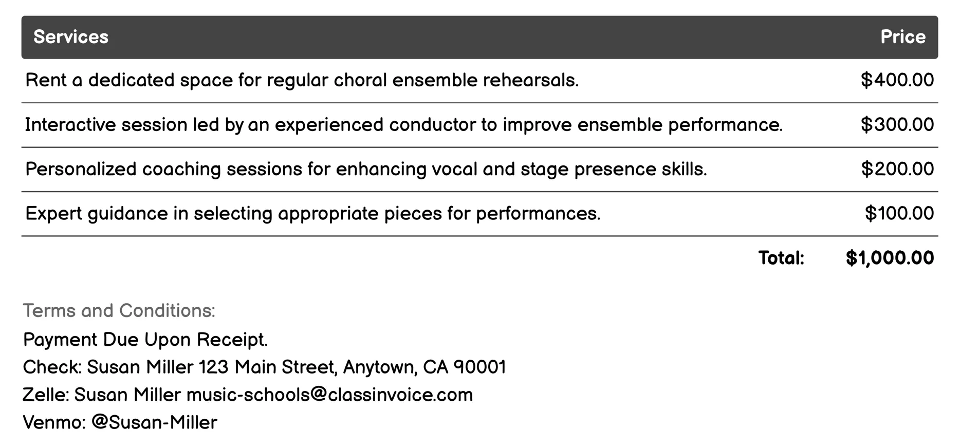 Choral Ensembles Invoice Example