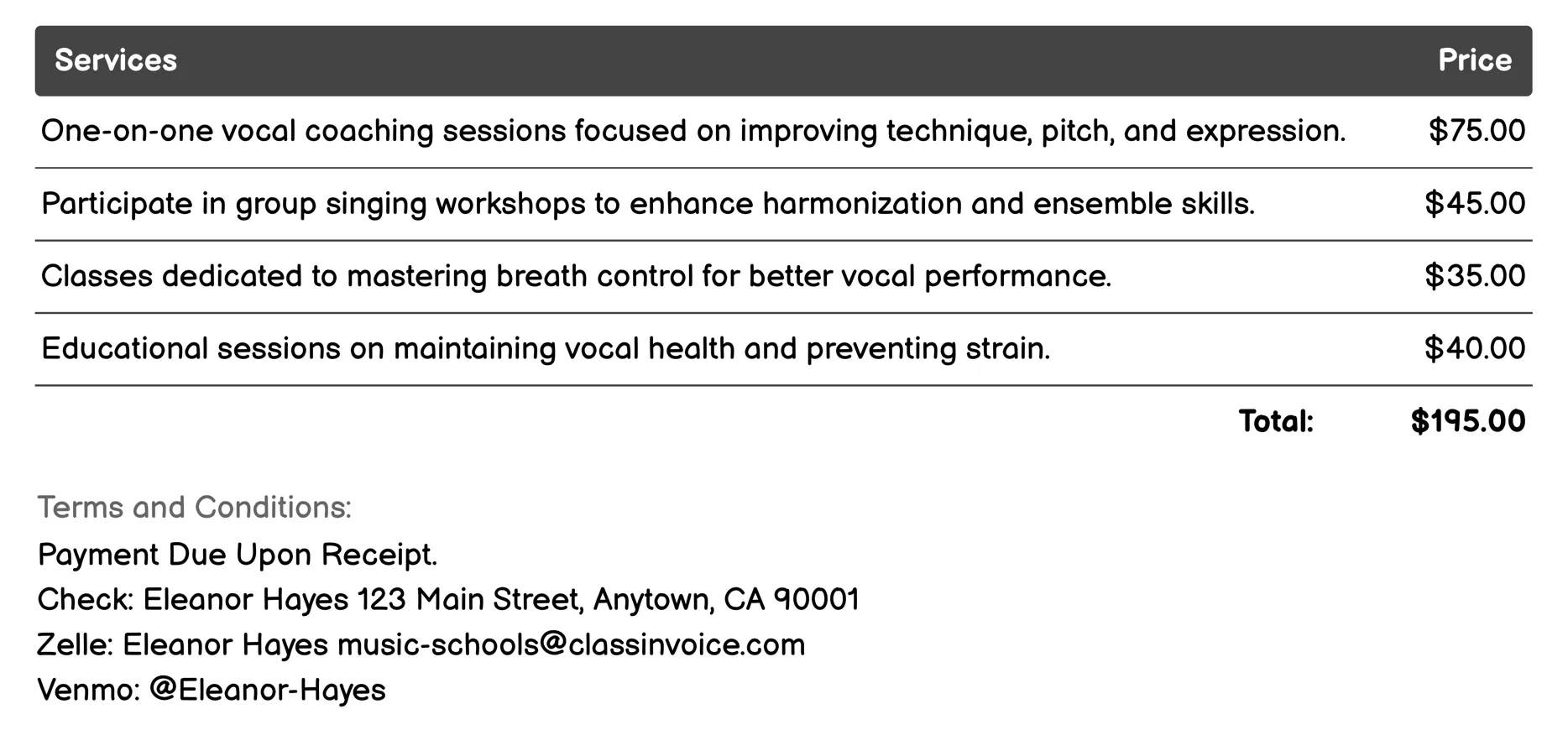 Vocal Training Invoice Example
