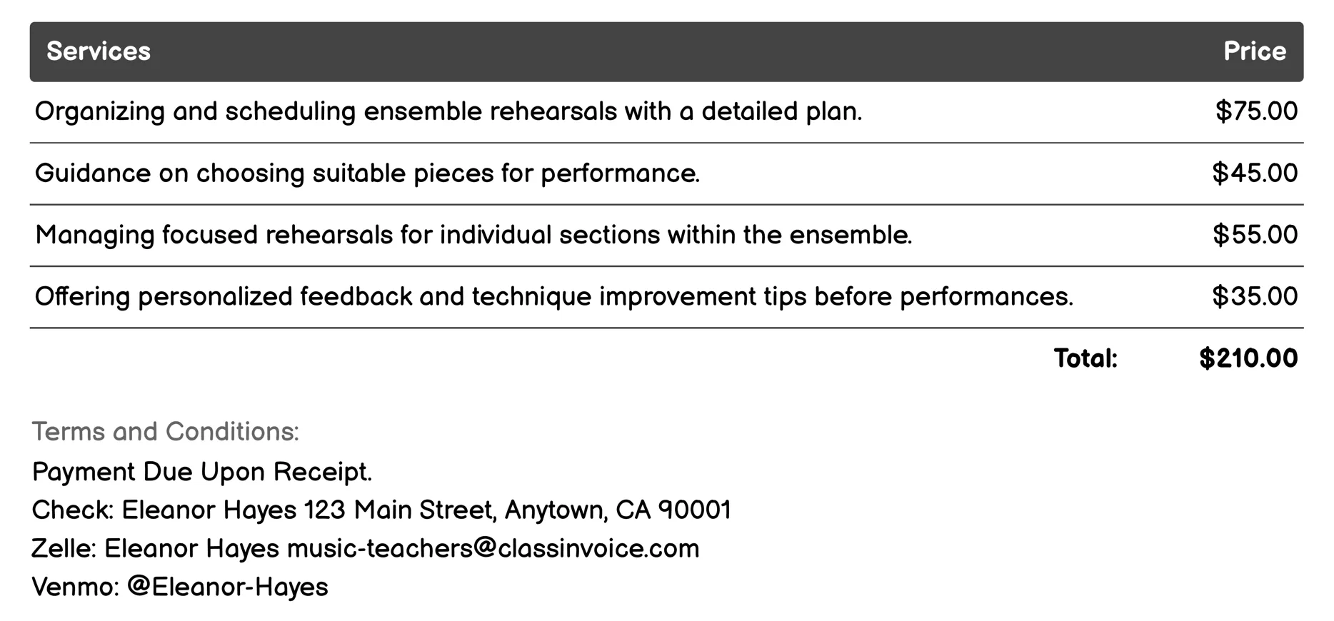 Ensemble Preparation Invoice Example