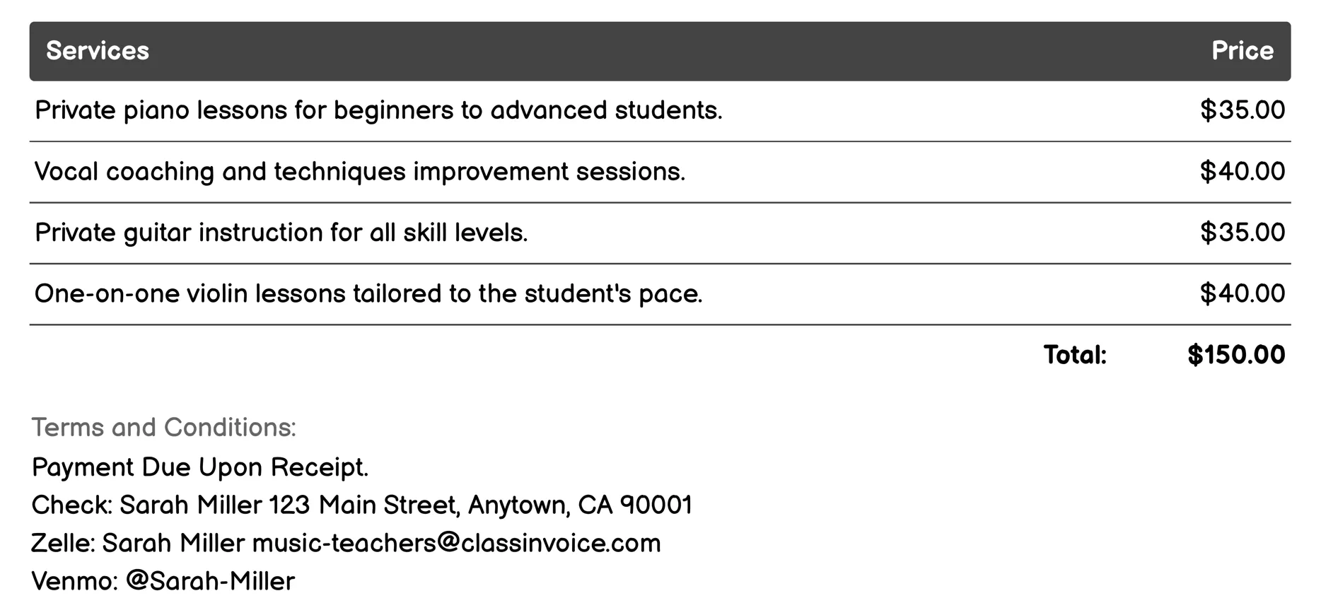Private Lessons Invoice Example